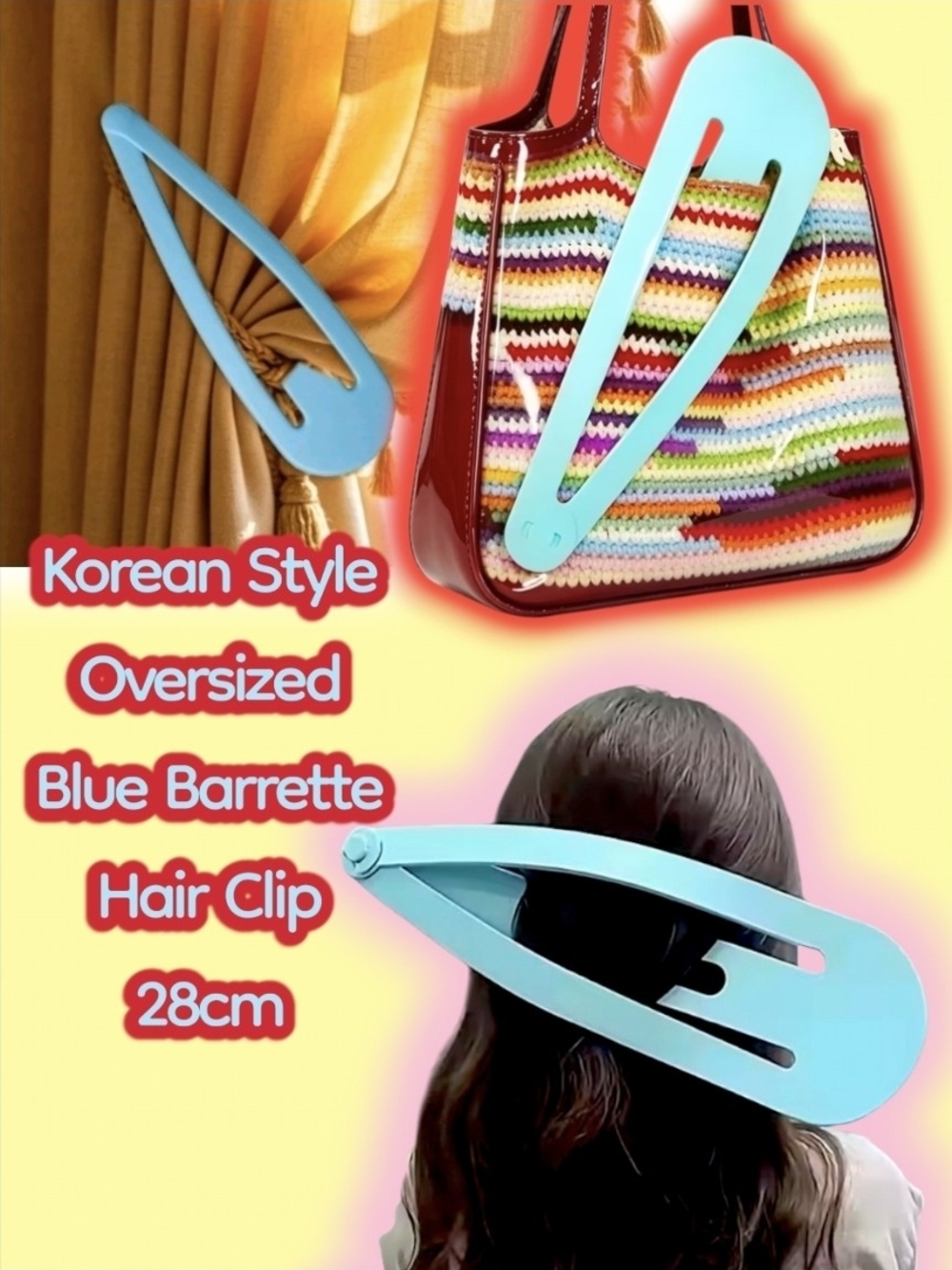 New Korean Style Oversized Huge Blue French Barrette Hair Clip 28 cm